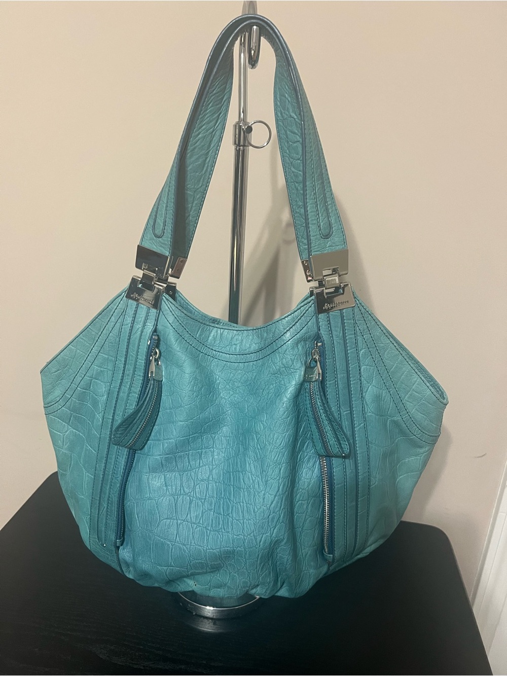 B MAKOWSKY Double Strap Teal Blue Satchel Handbag - Picture 3 of 8